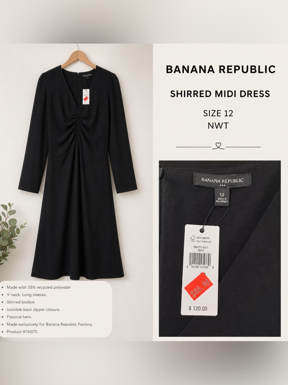 Banana Republic Black Shirred Midi Dress - Size 12